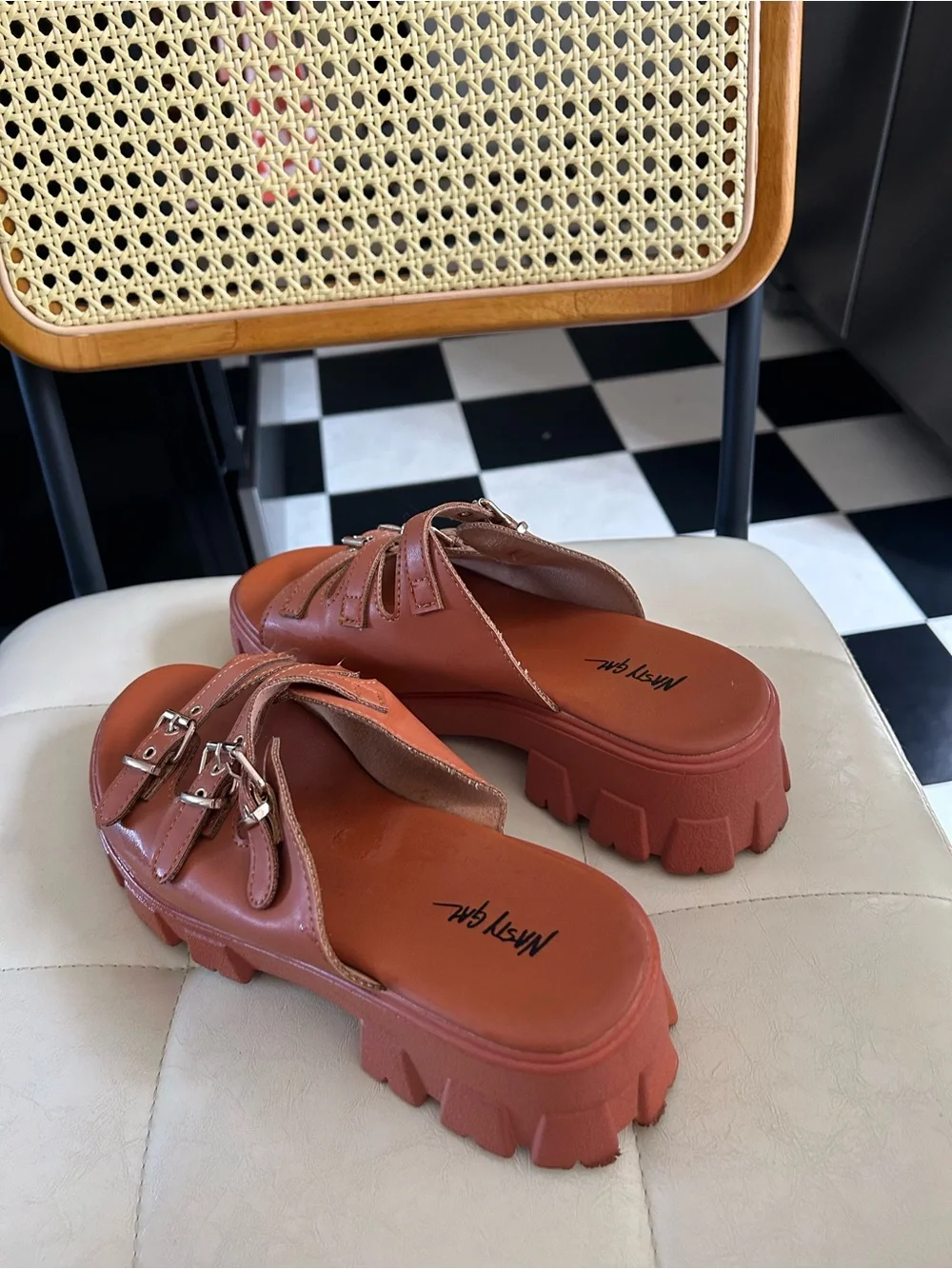 Nasty Gal Triple Buckle Platform Slides - Cognac Brown